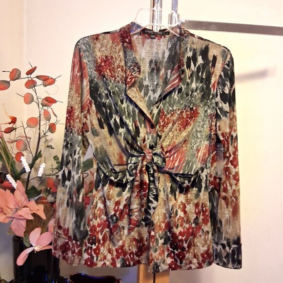 NWT Robert Kitchen Women's Burgundy Black Beige Printed Blouse Size 10 M - Picture 9 of 13